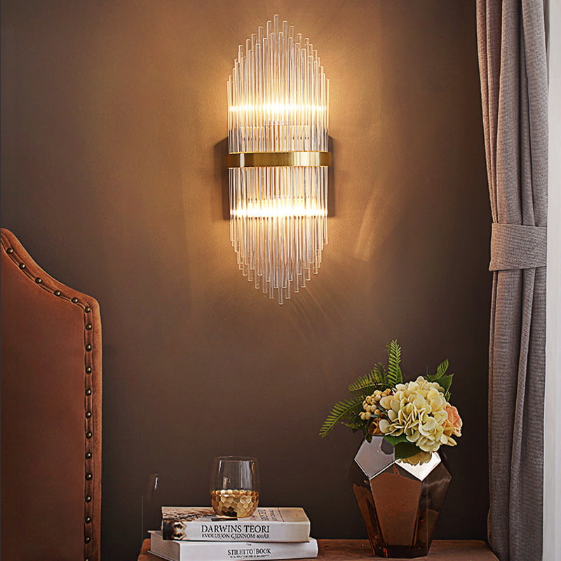 3 Lights Bedroom Wall Light Sconce Modern Brass Sconce Light with Cylinder Fluted Glass Shade, 7/9.5" Wide