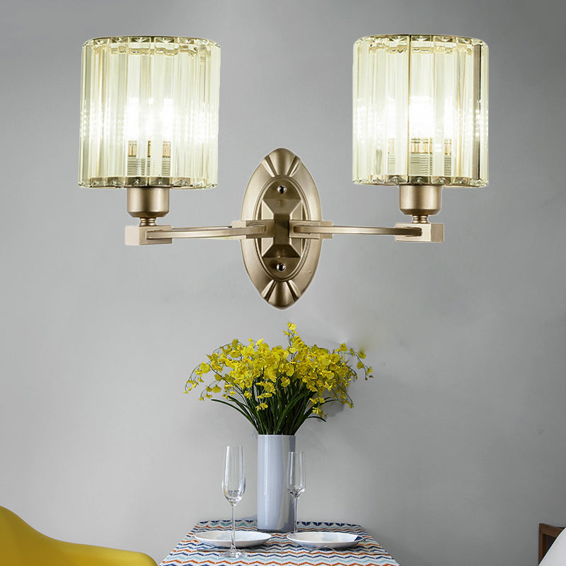 Modern Cylinder Wall Light Fixture Crystal Block 1/2 Lights Living Room Sconce Light in Silver