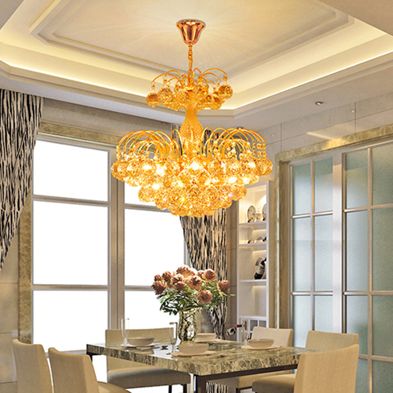 Modern 8 Lights Hanging Ceiling Light Chrome/Gold Cascade Chandelier Light with Faceted Crystal Ball Shade, 16"/19.5" Wide