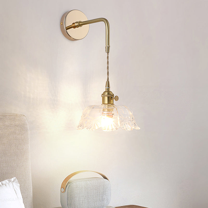 Shaded Glass Wall Light Fixture Vintage Single-Bulb Bedside Wall Mounted Lamp in Gold