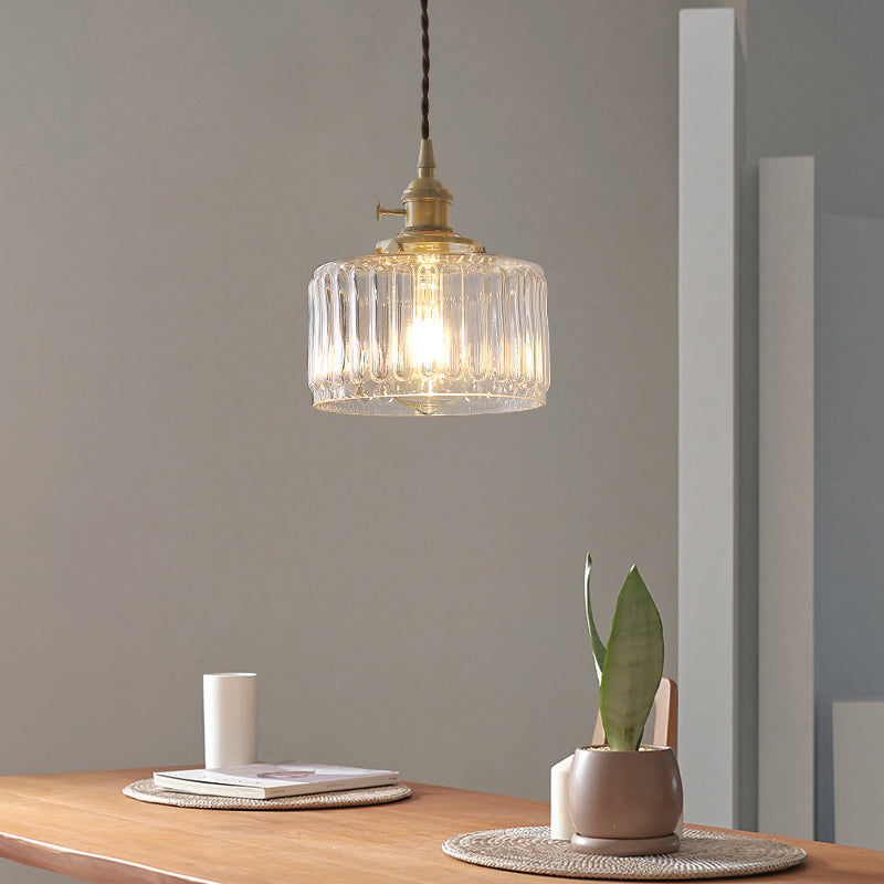 Industrial Drum Ceiling Light Single Glass Hanging Pendant Light in Gold for Restaurant