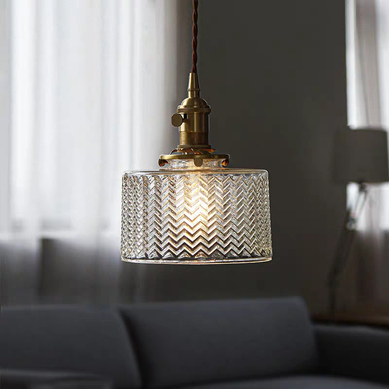 Industrial Drum Ceiling Light Single Glass Hanging Pendant Light in Gold for Restaurant