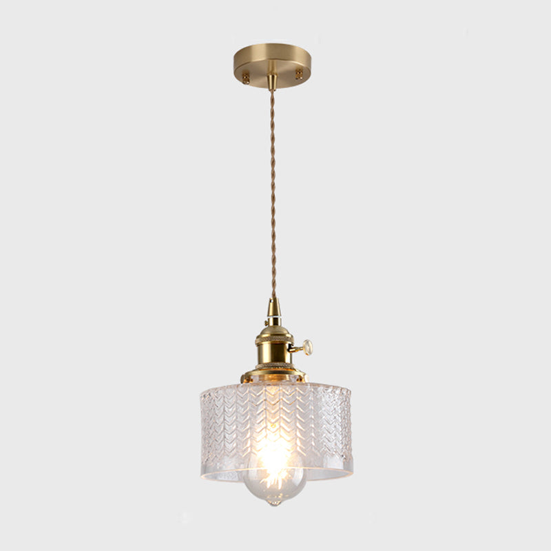 Single-Bulb Hanging Lamp Vintage Style Shaded Textured Glass Lighting Pendant in Gold