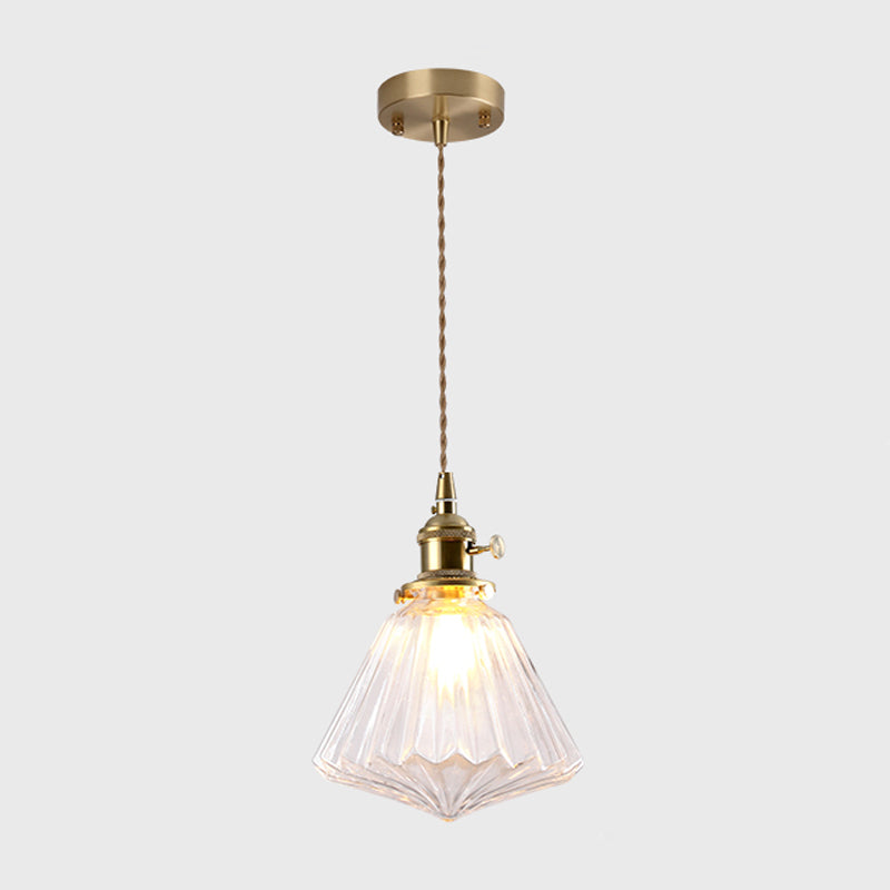 Single-Bulb Hanging Lamp Vintage Style Shaded Textured Glass Lighting Pendant in Gold