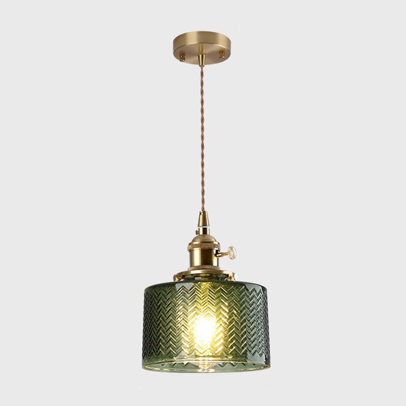 Single-Bulb Hanging Lamp Vintage Style Shaded Textured Glass Lighting Pendant in Gold