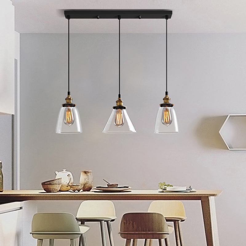 Industrial Shaded Multi Light Pendant 3 Bulbs Clear Glass Hanging Lighting for Dining Room