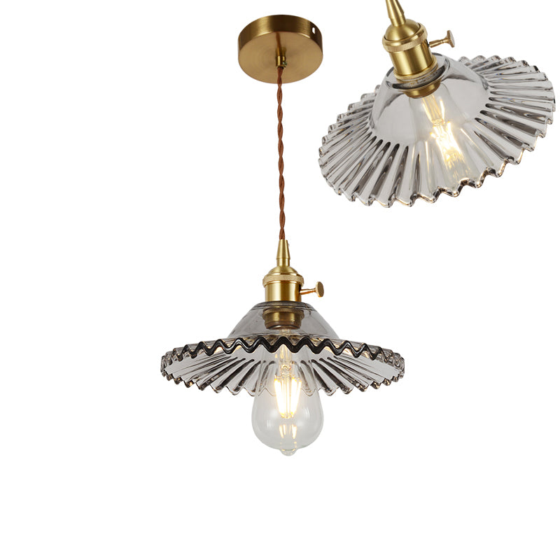 Lampada sospesa a bulbo singola Vintage ombreggiata a coste di illuminazione in vetro in ottone per sala da pranzo