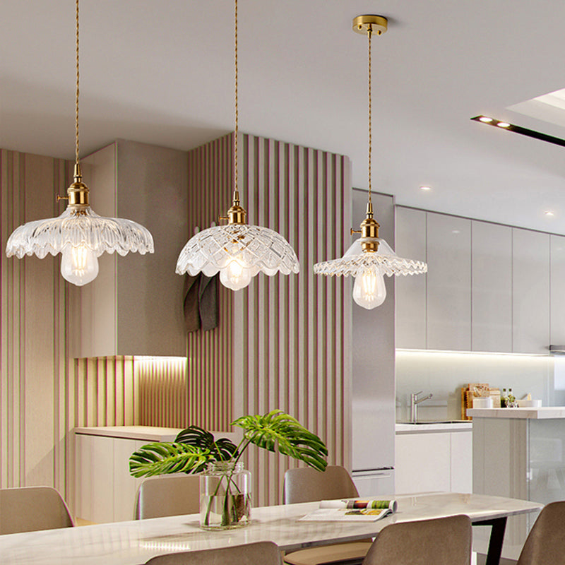 Shaded Textured Glass Pendant Light Antique 1-Light Restaurant Hanging Light Fixture in Brass