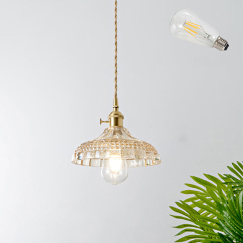 Shaded Textured Glass Pendant Light Antique 1-Light Restaurant Hanging Light Fixture in Brass