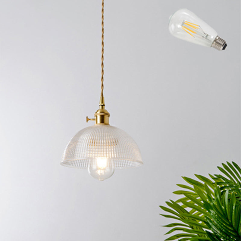 Shaded Textured Glass Pendant Light Antique 1-Light Restaurant Hanging Light Fixture in Brass