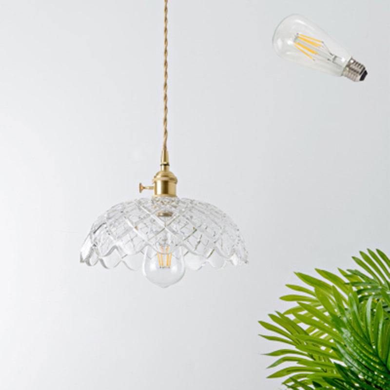 Shaded Textured Glass Pendant Light Antique 1-Light Restaurant Hanging Light Fixture in Brass