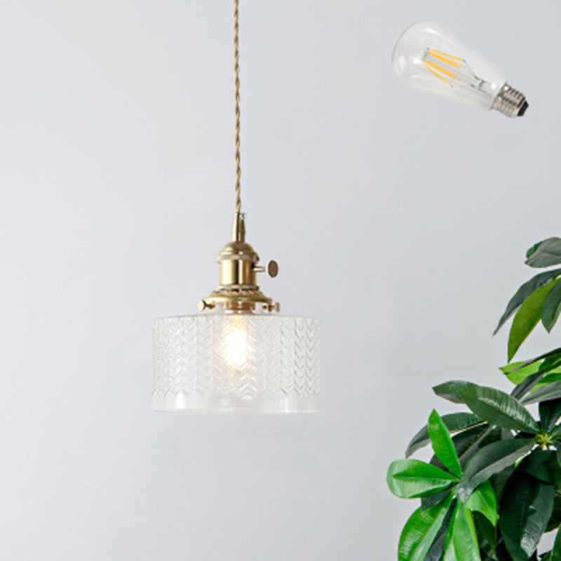 Shaded Textured Glass Pendant Light Antique 1-Light Restaurant Hanging Light Fixture in Brass