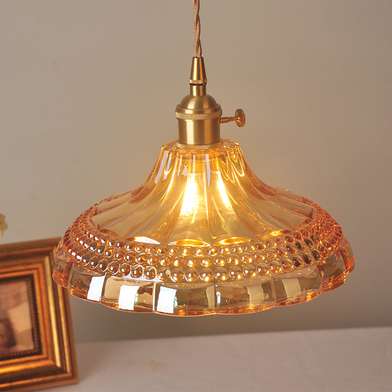 Amber Glass Pot Lid Hanging Light Simplicity 1 Bulb Restaurant Pendant Light Fixture