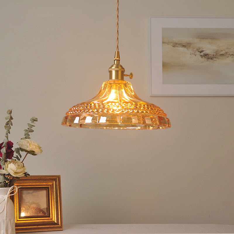 Amber Glass Pot Lid Hanging Light Simplicity 1 Bulb Restaurant Pendant Light Fixture