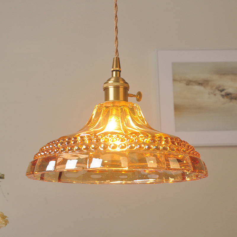 Amber Glass Pot Lid Hanging Light Simplicity 1 Bulb Restaurant Pendant Light Fixture
