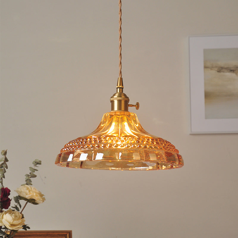 Amber Glass Pot Lid Hanging Light Simplicity 1 Bulb Restaurant Pendant Light Fixture