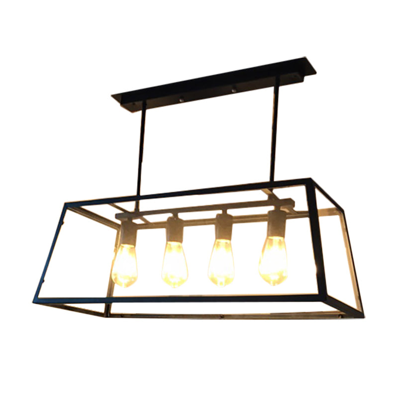 Trapezoid Clear Glass Pendant Light Antique 4 Heads Dining Room Hanging Island Light in Black