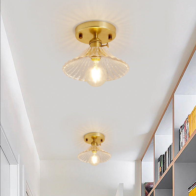 Gold Tapered Semi Flush Mount Minimalist Prismatic Glass 1 Head Corridor Ceiling Mounted Light