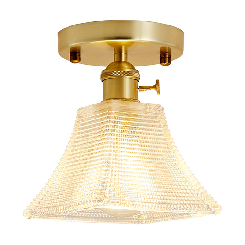 Gold Tapered Semi Flush Mount Minimalist Prismatic Glass 1 Head Corridor Ceiling Mounted Light