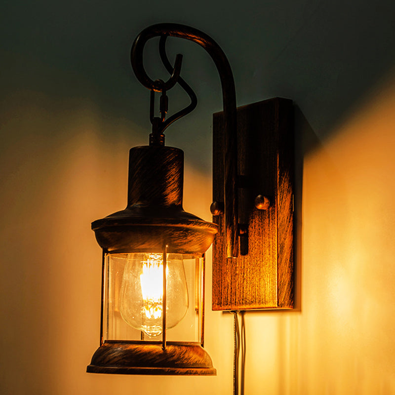 Iron Lantern Wall Light Retro Style Single-Bulb Restaurant Wall Lighting Fixture in Bronze