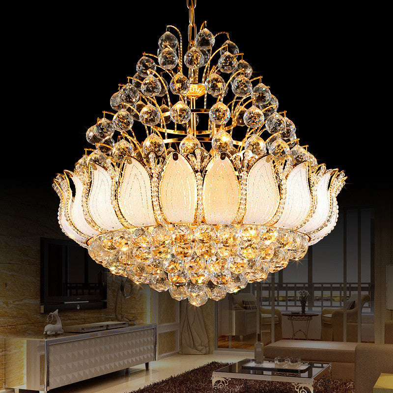 Gold Lotus Hanging Light Contemporary 9/11 Lights Faceted Crystal Ball Chandelier Light Fixture, 18.5"/23.5" Wide