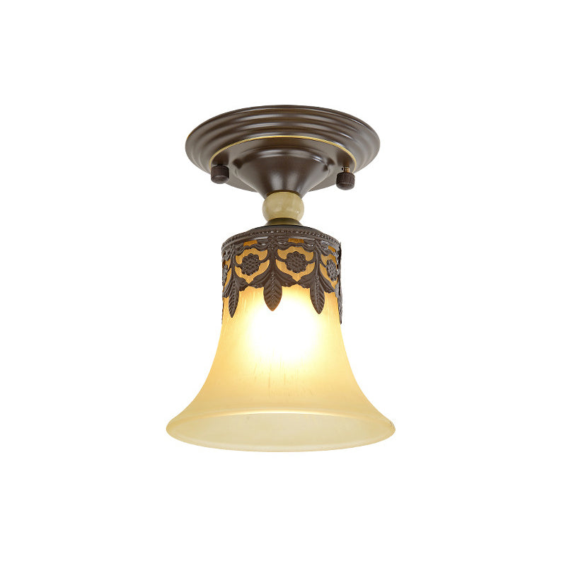 Beige Glass Flared Shade Semi Flush Mount Vintage 1 Bulb Corridor Ceiling Mounted Light in Black