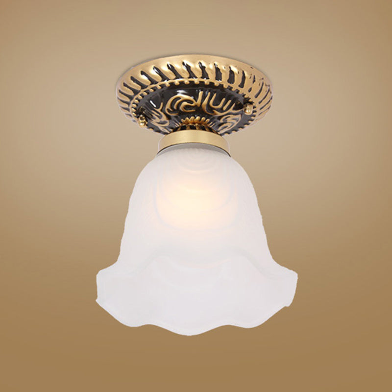 1 Bulb Flush Mount Light Retro Flower Shade White Frosted Glass Semi Flush Ceiling Light