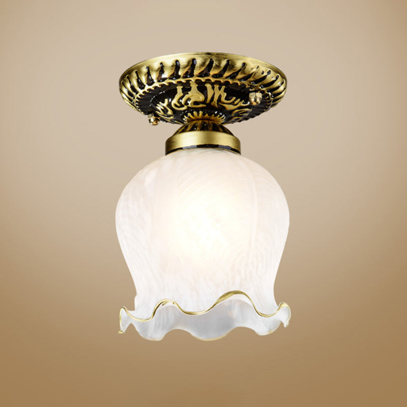 1 Bulb Flush Mount Light Retro Flower Shade White Frosted Glass Semi Flush Ceiling Light