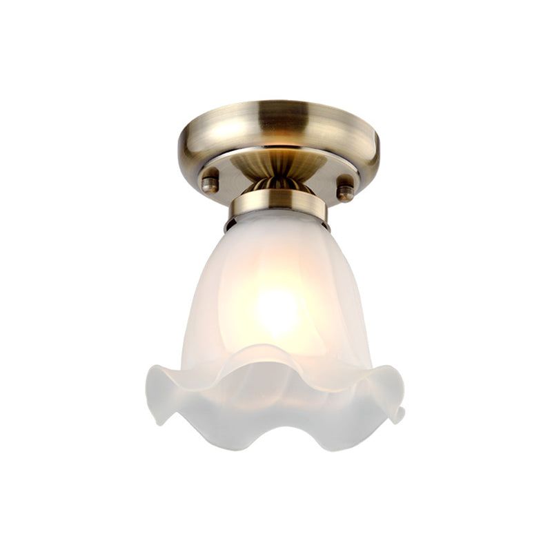 1 Bulb Flush Mount Light Retro Flower Shade White Frosted Glass Semi Flush Ceiling Light