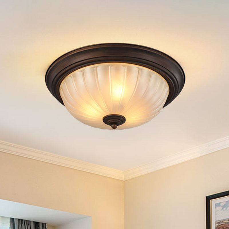 Etched Ribbed Glass Bowl Flush Light Rustic Living Room Flush Ceiling Light Fixture