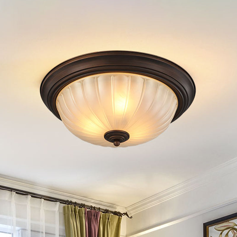 Etched Ribbed Glass Bowl Flush Light Rustic Living Room Flush Ceiling Light Fixture