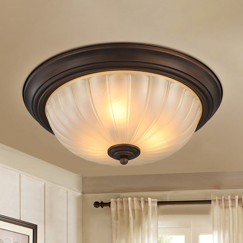 Etched Ribbed Glass Bowl Flush Light Rustic Living Room Flush Ceiling Light Fixture