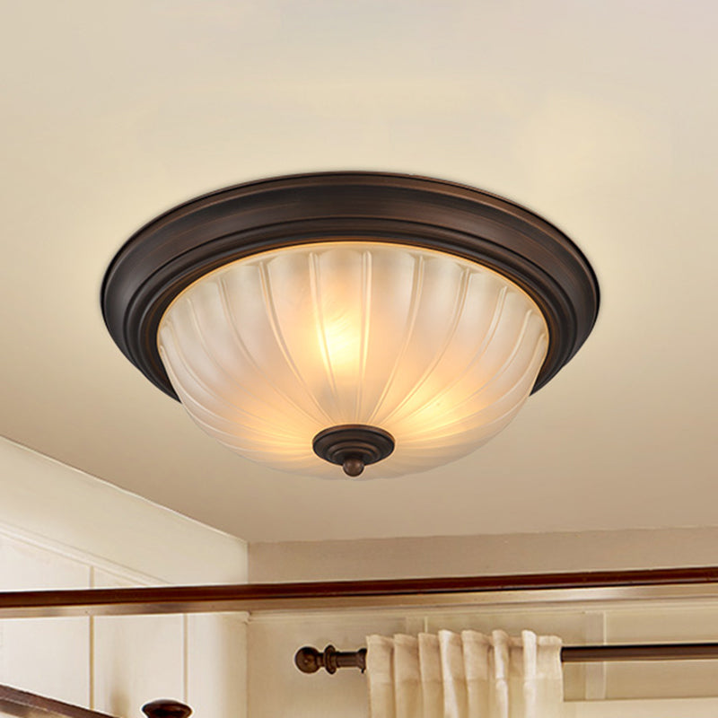 Etched Ribbed Glass Bowl Flush Light Rustic Living Room Flush Ceiling Light Fixture