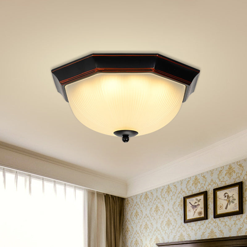 3 Bulbs Flush Mount Traditional Bowl Ribbed Glass Flushmount Ceiling Light in Gold-Black