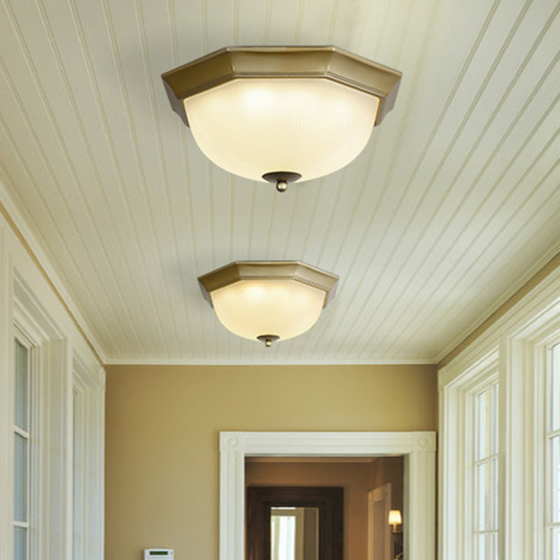 3 Bulbs Flush Mount Traditional Bowl Ribbed Glass Flushmount Ceiling Light in Gold-Black