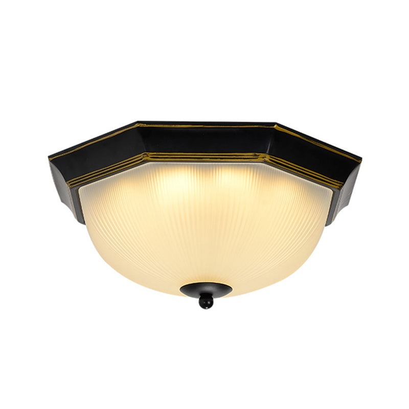 3 Bulbs Flush Mount Traditional Bowl Ribbed Glass Flushmount Ceiling Light in Gold-Black