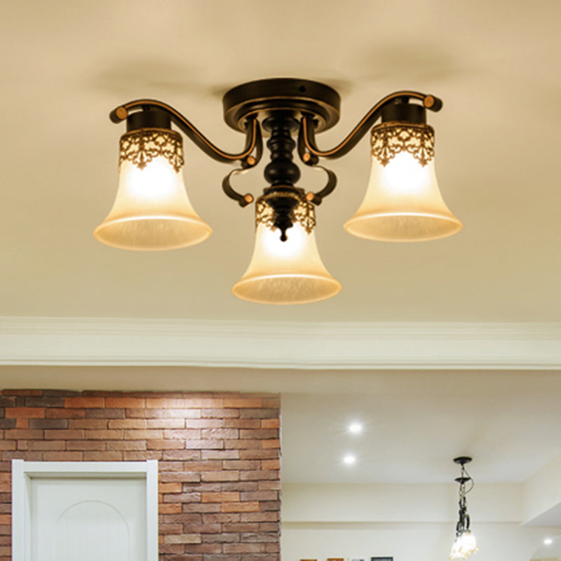 Handblown Glass Black Semi Flush Flared Shade Traditional Ceiling Mount Chandelier
