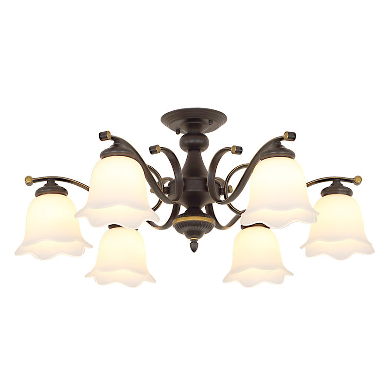 Schwarzer Blütenschatten Halbflush Mount Vintage Frosted Glas Schlafzimmer in der Nähe des Deckenkrorenleuchters