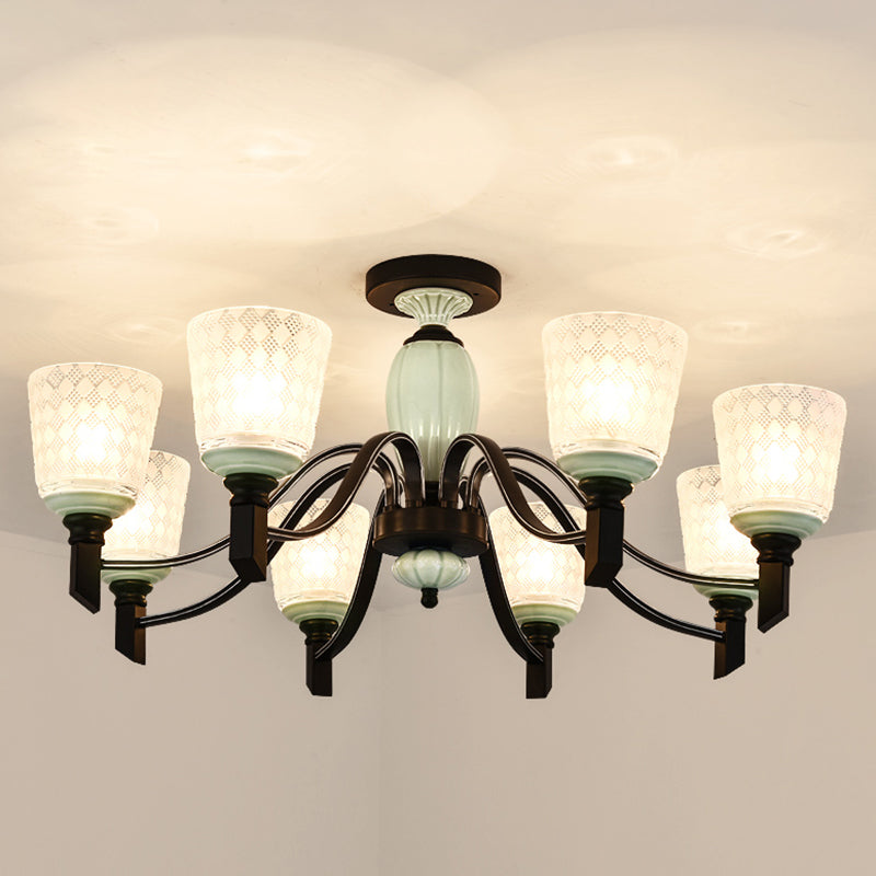 Tapered Living Room Semi Flush Traditional Rhombus Glass Light Green Ceiling Mount Chandelier