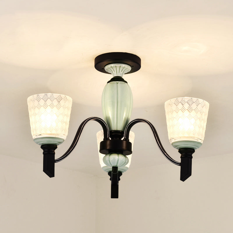 Tapered Living Room Semi Flush Traditional Rhombus Glass Light Green Ceiling Mount Chandelier