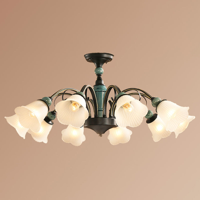 Green Flower Shade Flush Mount Light Retro Ribbed Glass Living Room Semi Flush Chandelier