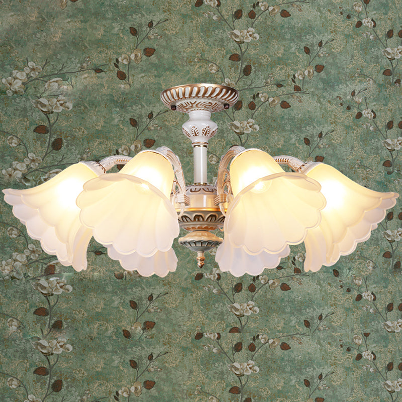 White Glass Floral Semi Flush Traditional Bedroom Ceiling Mount Chandelier with Scalloped Edge
