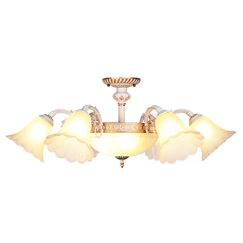 White Glass Floral Semi Flush Traditional Bedroom Ceiling Mount Chandelier with Scalloped Edge