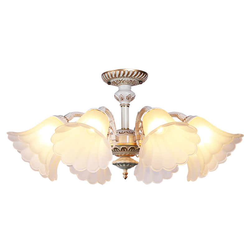White Glass Floral Semi Flush Traditional Bedroom Ceiling Mount Chandelier with Scalloped Edge