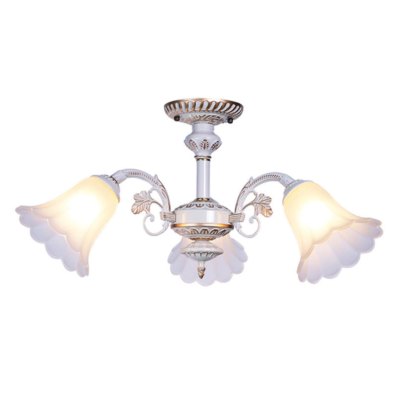 White Glass Floral Semi Flush Traditional Bedroom Ceiling Mount Chandelier with Scalloped Edge