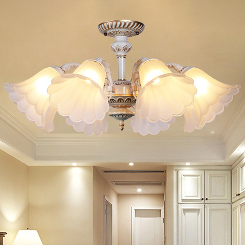 White Glass Floral Semi Flush Traditional Bedroom Ceiling Mount Chandelier with Scalloped Edge