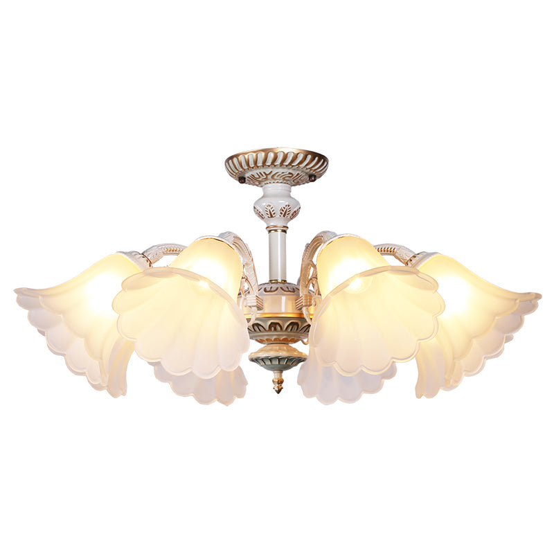 White Glass Floral Semi Flush Traditional Bedroom Ceiling Mount Chandelier with Scalloped Edge
