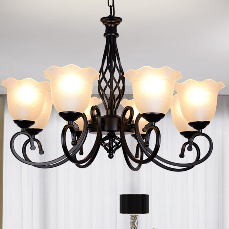 Ruffle Glass Floral Shade Chandelier Lighting Classic Living Room Pendant Light with Scroll Arm
