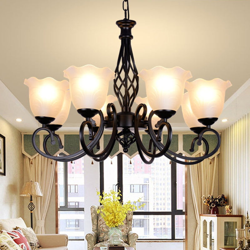 Ruffle Glass Floral Shade Chandelier Lighting Classic Living Room Pendant Light with Scroll Arm