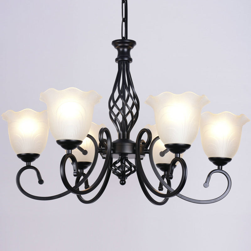 Ruffle Glass Floral Shade Chandelier Lighting Classic Living Room Pendant Light with Scroll Arm